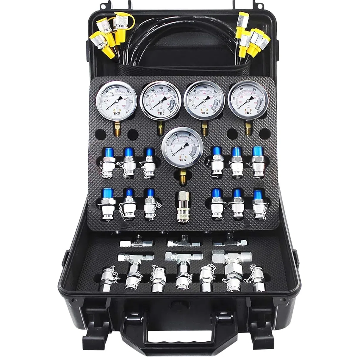 Hydraulikdruck-Testkit mit 5 Messgeräten (max. 10.000 PSI), 13 Testkupplungen, 14 T-Stücken, 5 Testschläuchen, Hydraulik-Stickstoffmessgerät-Tester-Set mit Tragetasche für Bagger-Baumaschinen
