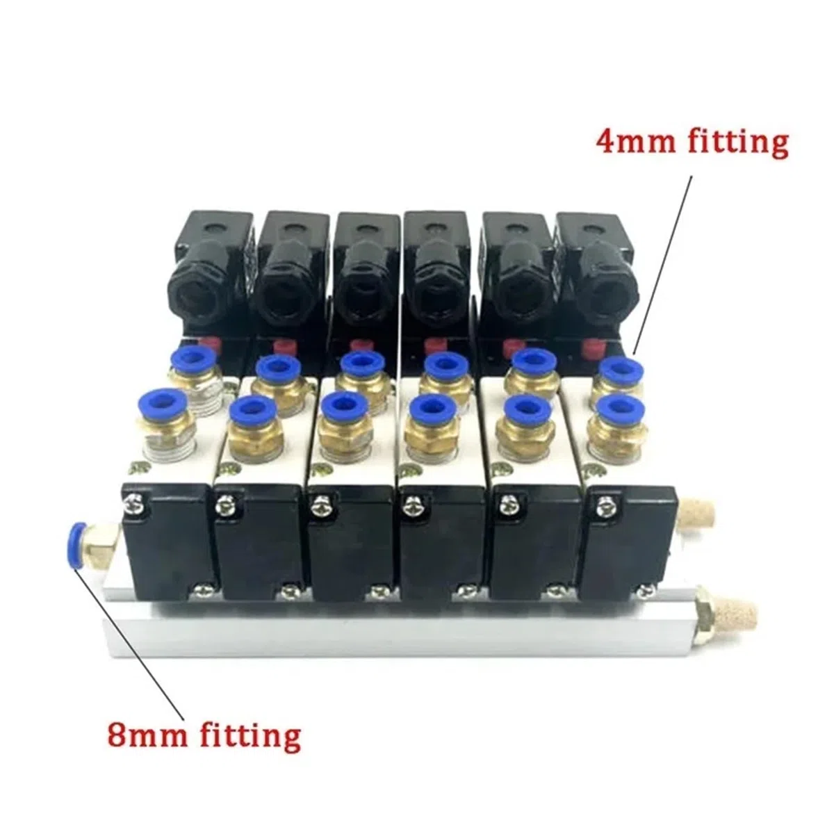 DC 110/220 V AC Multioption 4V210-08 pneumatischer Magnetventilblock mit Schalldämpferanschluss, Basisverteiler 2/3/4/6 Wege(6 Row 4mm fitting)