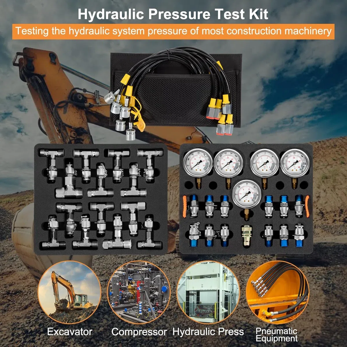 Hydraulikdruck-Testkit mit 5 Messgeräten (max. 10.000 PSI), 13 Testkupplungen, 14 T-Stücken, 5 Testschläuchen, Hydraulik-Stickstoffmessgerät-Tester-Set mit Tragetasche für Bagger-Baumaschinen