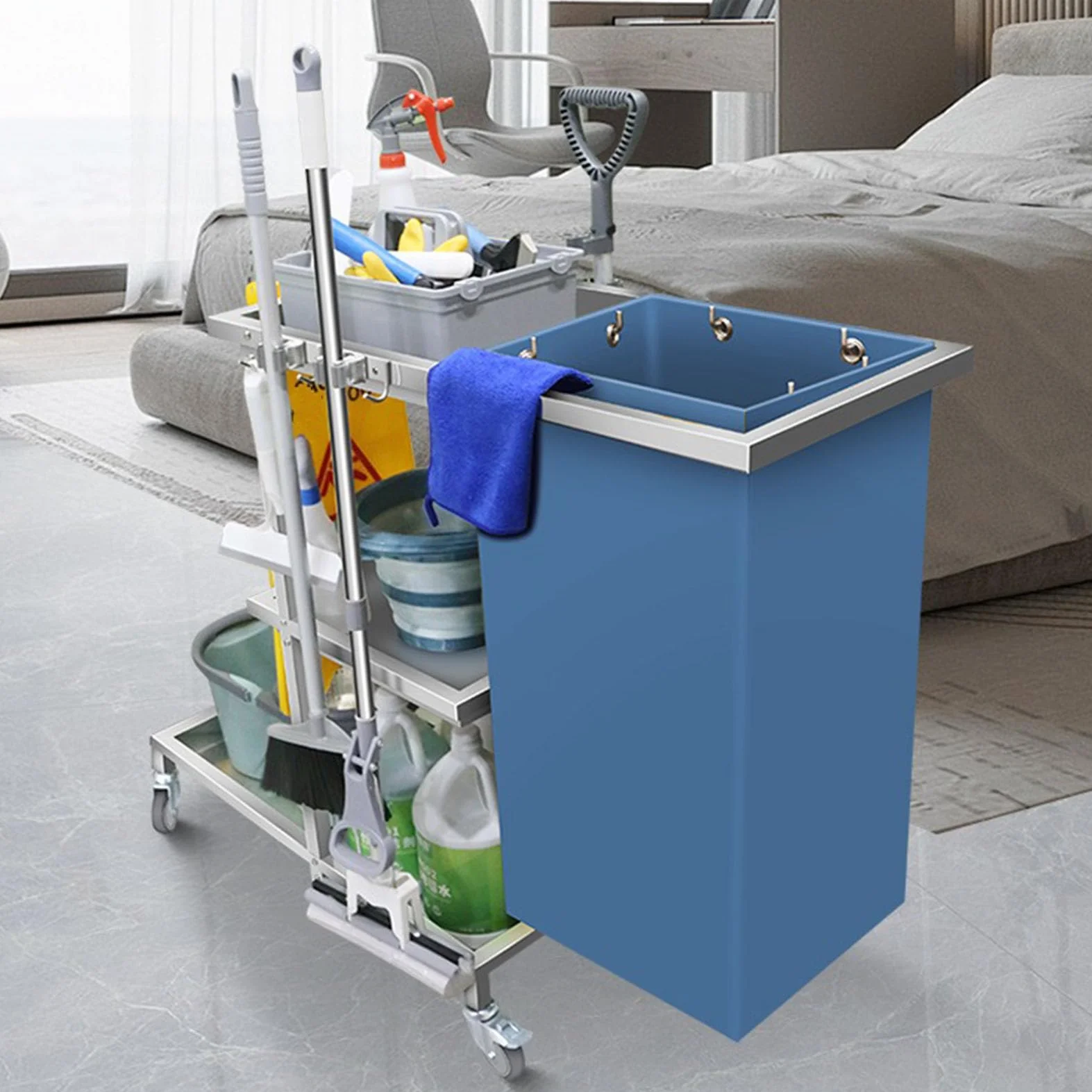 Reinigungswagen aus Edelstahl, gewerblicher Reinigungswagen, robuster Rollwagen mit Besen- und Mopphalter, Reinigungswagen für Hotels, Supermärkte und Büros