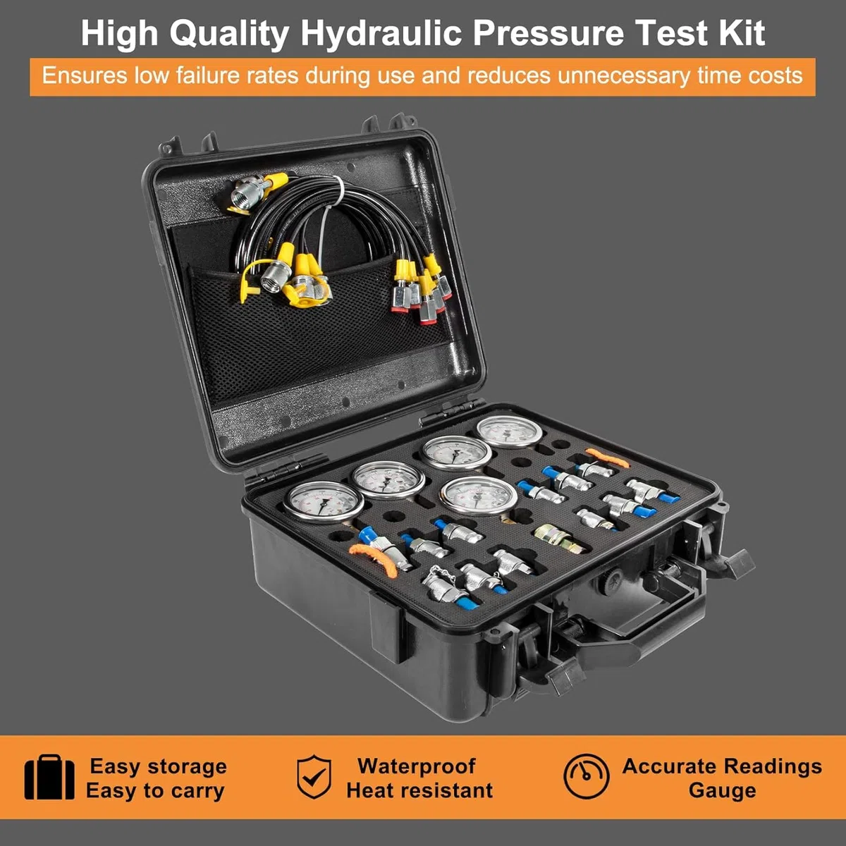 Hydraulikdruck-Testkit mit 5 Messgeräten (max. 10.000 PSI), 13 Testkupplungen, 14 T-Stücken, 5 Testschläuchen, Hydraulik-Stickstoffmessgerät-Tester-Set mit Tragetasche für Bagger-Baumaschinen