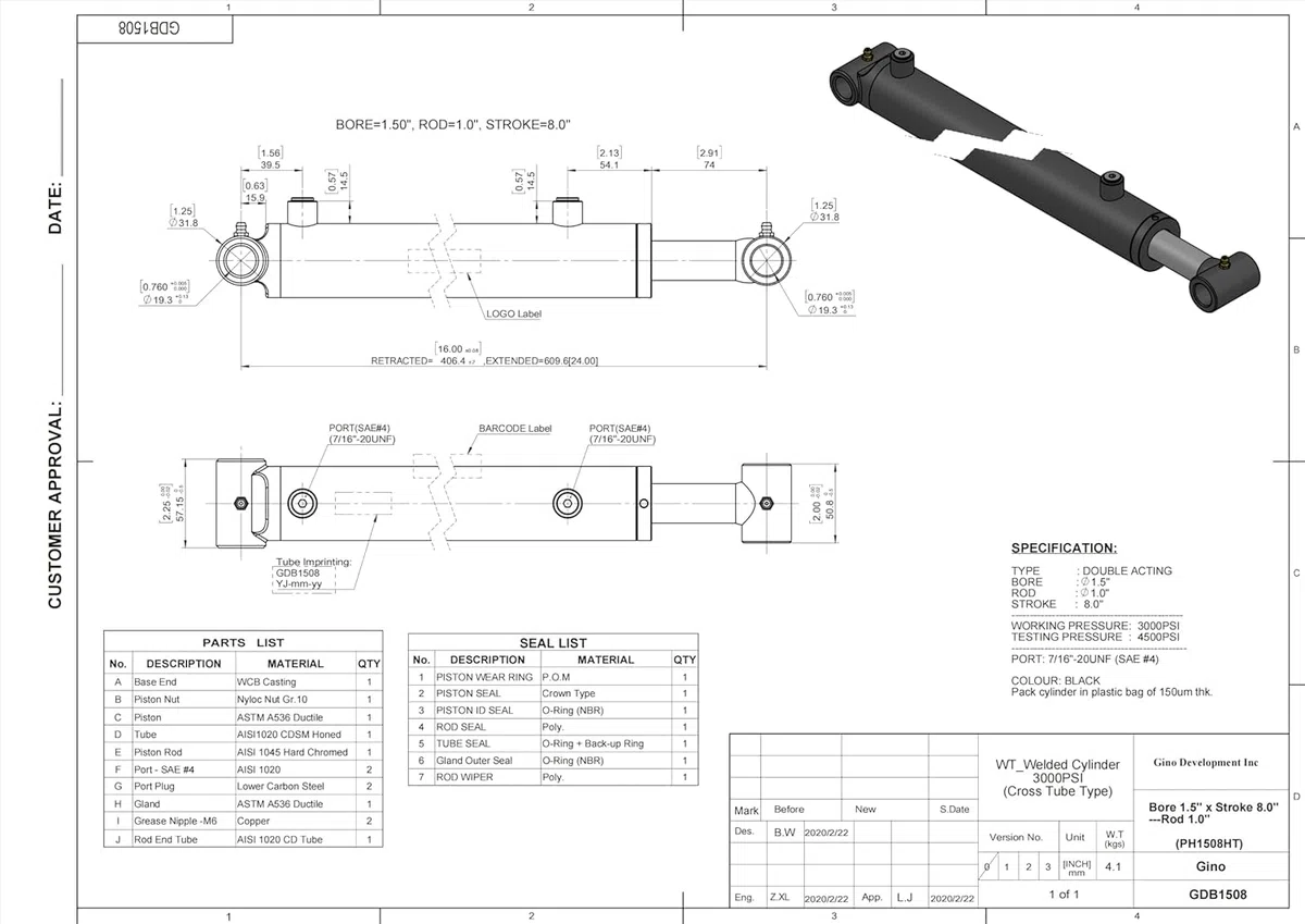 TruePower Hydraulikzylinder, doppeltwirkender und stahlgeschweißter Kreuzrohrzylinder, 3,8 cm Bohrung x 20,3 cm Hub x 2,5 cm Stange, 7/16-Zoll-20UNF (SAE #4) Port, 3000 PSI